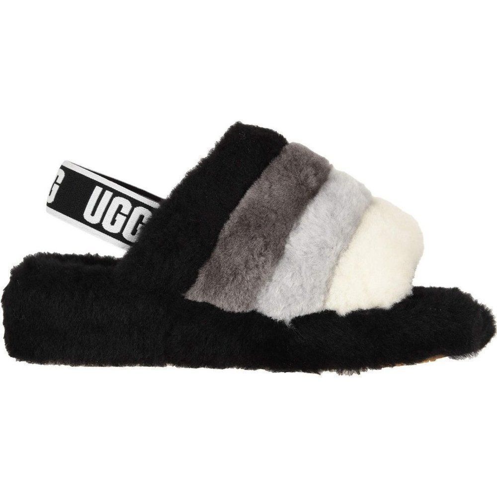 UGG Women's Fluff Slide Stripe Shearling Slingback - Black/Grey/White